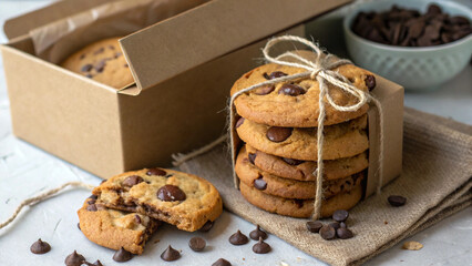 Stack of super Fresh Chocolate Chip Cookies in a Brown Box