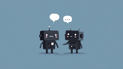 A minimalist vector illustration of two cute robots having a conversation with speech bubbles, a simple design, in a vector art style. The robots have a cute and friendly expression. 