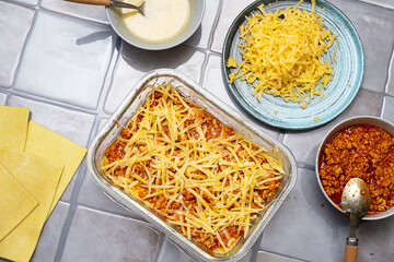 Lasagna Preparation Process. Cooking Homemade Delicious Italian Meal. Food Ingredients Layout.