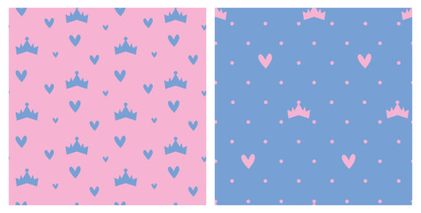 Seamless princess pattern with crowns, hearts, and dots. Pastel design in pink and blue. Cute and minimal for wrapping paper, fashion textile, girl clothes, kids decor, party supplies.