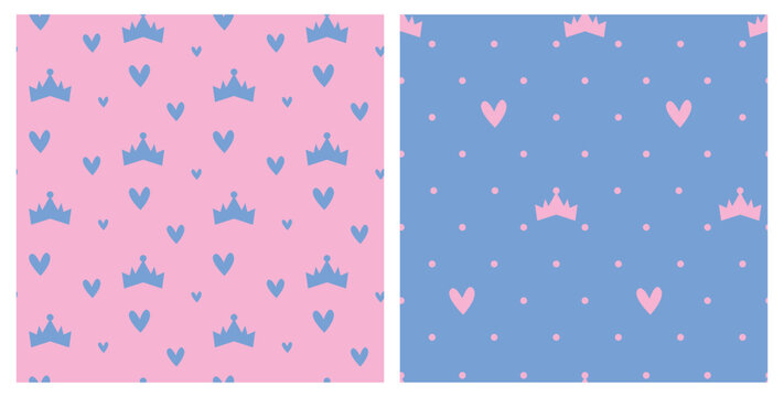 Seamless princess pattern with crowns, hearts, and dots. Pastel design in pink and blue. Cute and minimal for wrapping paper, fashion textile, girl clothes, kids decor, party supplies.