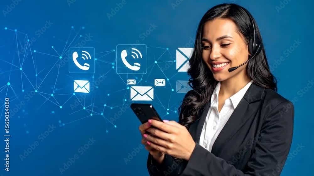 Poster smiling call center operator using a smartphone for modern communication solutions
