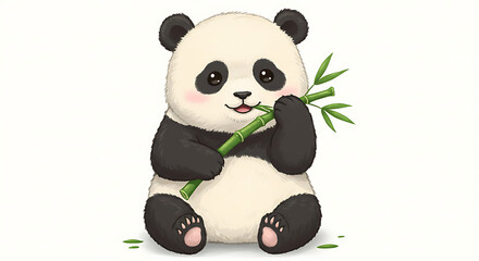 Obraz premium Adorable Panda Cub Munching on Bamboo Shoot A Heartwarming Illustration of Nature's Gentle Giant