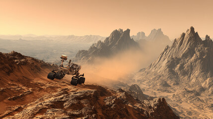 A Mars rover navigating a rugged rocky terrain