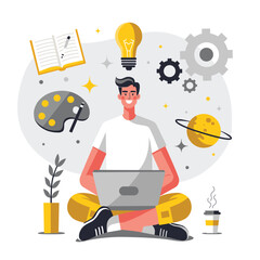 man on laptop flat art design, flat art guy work on laptop  illustration
