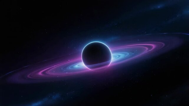 Opening frame showing spherical planet glowing cyan rim in star field, rotating neon rings pulsing
