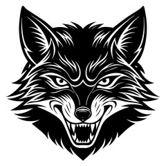 Fierce wolf head with sharp teeth and intense eyes in a stylized black silhouette