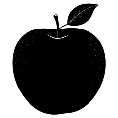 A simple black silhouette of a ripe apple with a stem and a single leaf