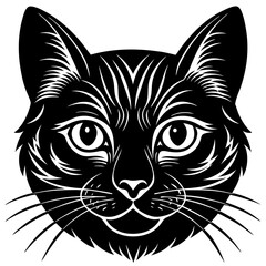 Detailed black and white graphic illustration of a cat s face in a striking silhouette style