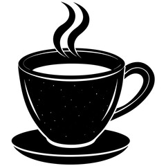 A steaming cup of coffee or tea on a saucer in a minimalist black and white silhouette style