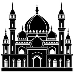 Ornate islamic mosque with multiple domes and tall minarets in a striking black silhouette