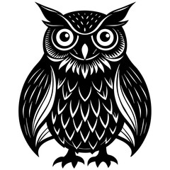Stylized black owl illustration with intricate feather details and large round eyes silhouette