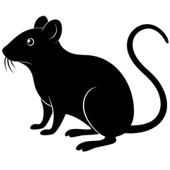 A simple black silhouette of a mouse with a long curved tail and whiskers on a white background