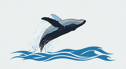 Humpback Whale Breaching Waters in Minimalist Style Illustration, Emphasizing Marine Wildlife and Ocean Conservation with Simple Blue and White Palette