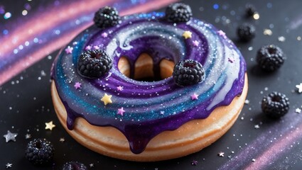 cosmic themed donut that looks like it was crafted in a galaxy far, far away. The donut has a soft, pillowy base and is glazed with a mesmerizing, swirled galaxy patterndeep purples, midnight blues