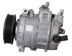 Car spare part air conditioning compressor - pump for supplying freon under pressure to the climate control system to cool the air in hot summer. Spare parts catalog from junkyard.