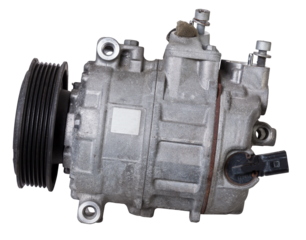 Car spare part air conditioning compressor - pump for supplying freon under pressure to the climate control system to cool the air in hot summer. Spare parts catalog from junkyard.