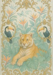 Fototapeta premium Elegant tiger with tropical birds