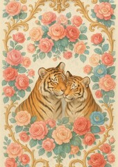 Tigers surrounded by ornate roses.
