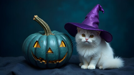 White Cat in Witch Hat with Blue Jack-o'-Lantern 