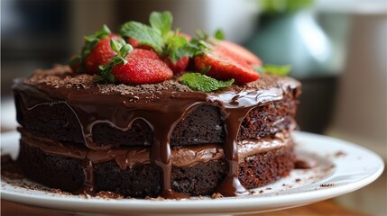chocolate fudge layered cake closeup in home kitchen with natural daylight