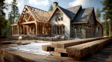 Home building design documents on construction site table with wood-frame house behind --chaos 100  