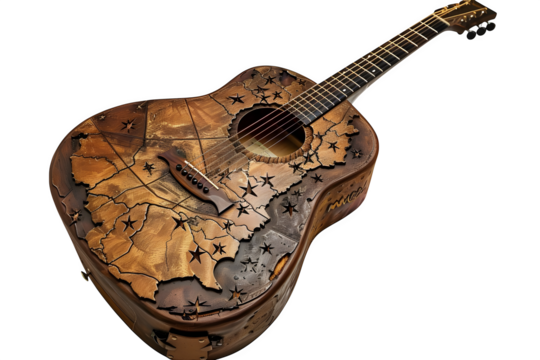 Unique USA-Shaped Guitar with Carved Stars and Natural Wood Finish Isolated to Transparent Background