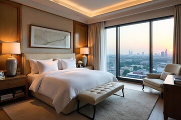 Fototapeta premium Luxurious Hotel Suite with King Bed, Marble Bathroom, and Stunning City Views Perfect Romantic Getaway