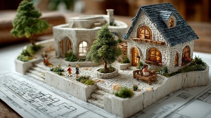 Home design and planning illustration with small figurines, partially built house, and architectural documents --chaos 100 