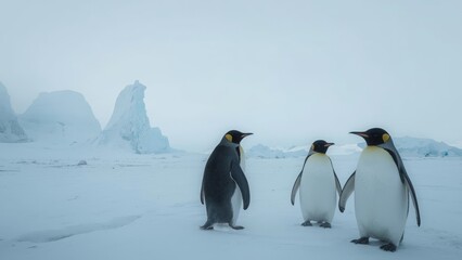 Obraz premium three emperor penguins standing together on a windswept Antarctic plain. The scene is immersed in soft celeste-blue tones, creating a serene and icy atmosphere. Towering icebergs loom in the distance