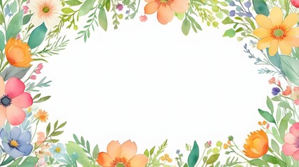 Floral frame with flowers, leaves and herbs. Vector illustration.