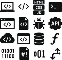 Coding & Programming - Solid Black Silhouette EPS Vector Set on White Background
