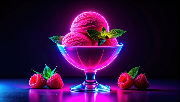 Raspberry sorbet in a glowing bowl with fresh raspberries and mint leaves on a dark background