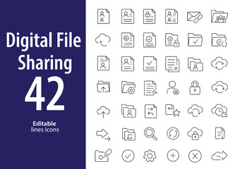 Digital File Sharing Line Icons, Upload, Download, Cloud Share, Link Access, Folder, Email Attachment, and More , Editable Formats: AI, EPS, JPG, PNG , Ideal for Both Digital and Print Use