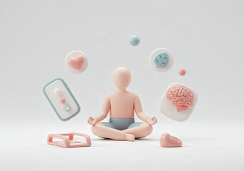 Meditation and mindfulness concept with 3D elements floating in minimalist space