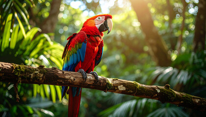 Scarlet Macaw in Lush Rainforest: This stunning Scarlet Macaw perched majestically on a branch in a vibrant rainforest.