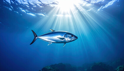 Fototapeta premium Underwater Majesty: A majestic tuna glides through the deep blue sea, its streamlined body shimmering under the penetrating sunlight, a vibrant display of underwater life.