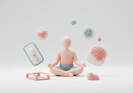 Meditation and mindfulness concept with 3D elements floating in minimalist space