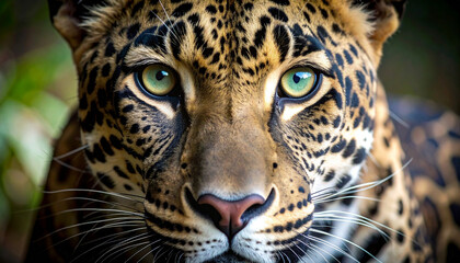 Obraz premium Jaguar's Gaze: The captivating gaze of a jaguar, with its piercing green eyes, showcases the animal's power and beauty in a lush natural environment.