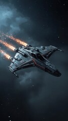 Vertical banner, wallpaper for social media of silver, and chromed SF-03 Dirk Starfighter spacecraft, emblazoned with the Kalesar Corporation logo on its side, soaring through a starry, midnight-blue