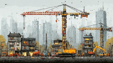 Industrial construction scene showcasing teamwork, engineering, and machinery in a modern city expansion --chaos 100 