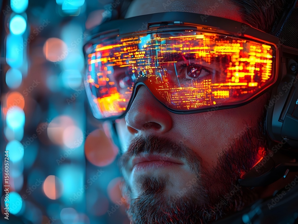 Poster a hacker wearing augmented reality glasses infiltrating a quantum mainframe