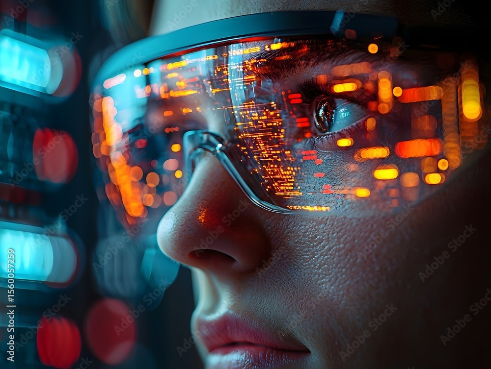 Poster hacker in augmented reality glasses infiltrating a quantum mainframe