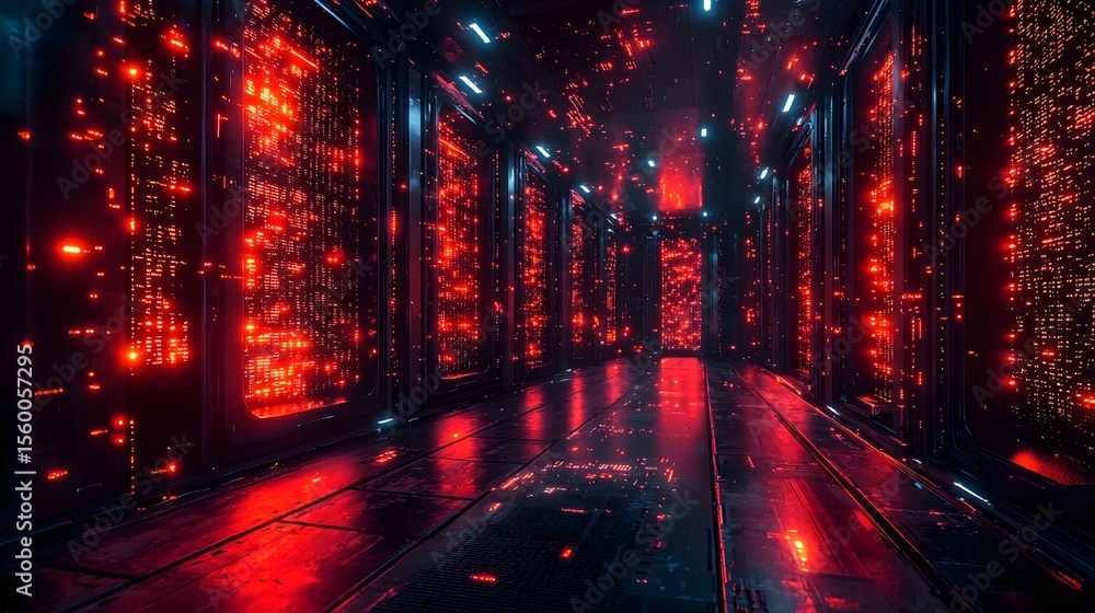 Poster futuristic hacker s lair filled with glowing quantum processors and data