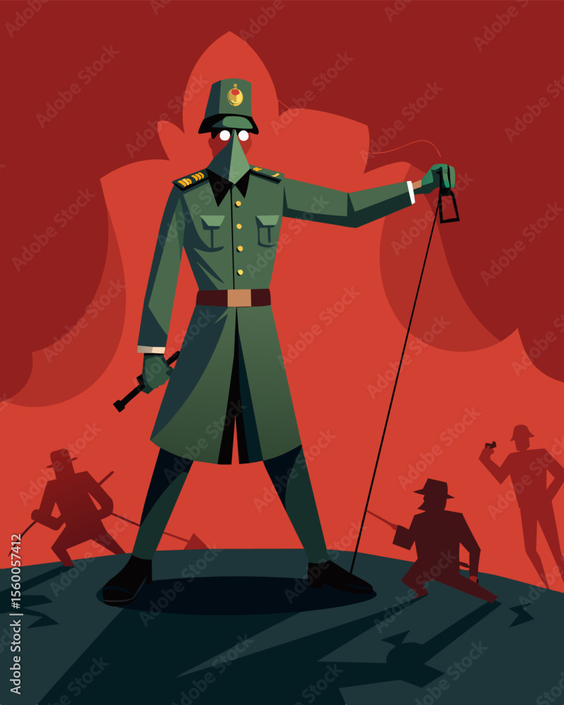 Poster a soldier on the battlefield controlled by a shadowy leader pulling the strings of war.. vector illu