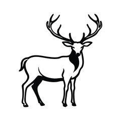 Fototapeta premium Elegant black silhouette of a deer with antlers, perfect for logos, prints, or tattoos. High-quality vector art for nature-inspired designs
