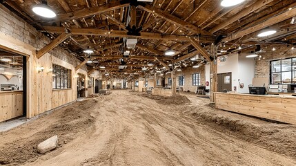Interior view of large steel-framed warehouse under construction with exposed beams and dirt flooring --chaos 100  