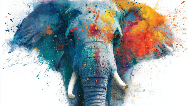 Colorful Paint Splash elephant Portrait. white background