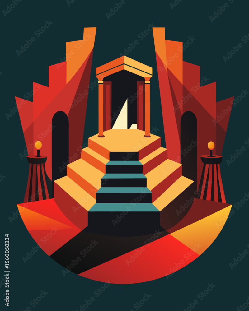 Poster a theatre set with a skewed offkilter perspective creating a sense of disorientation and distortion.
