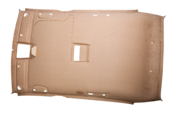 Finishing the gray ceiling roof from a car removed and disassembled for repair and hauling with new material after prolonged use or during tuning. Auto service industry. Spare parts catalog.